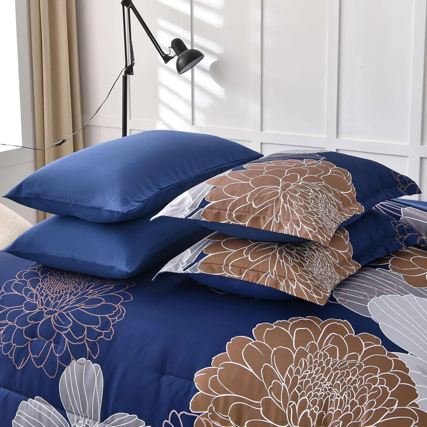 Yiran 7 Pieces Floral Comforter Bedding Sets Bed in a Bag Navy Brown Soft Microfiber Comforter Set with Comforter, Sheets, Pillowcases & Shams King Size 104"×90"