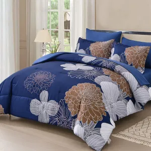 Yiran 7 Pieces Floral Comforter Bedding Sets Bed in a Bag Navy Brown Soft Microfiber Comforter Set with Comforter, Sheets, Pillowcases & Shams King Size 104"×90"