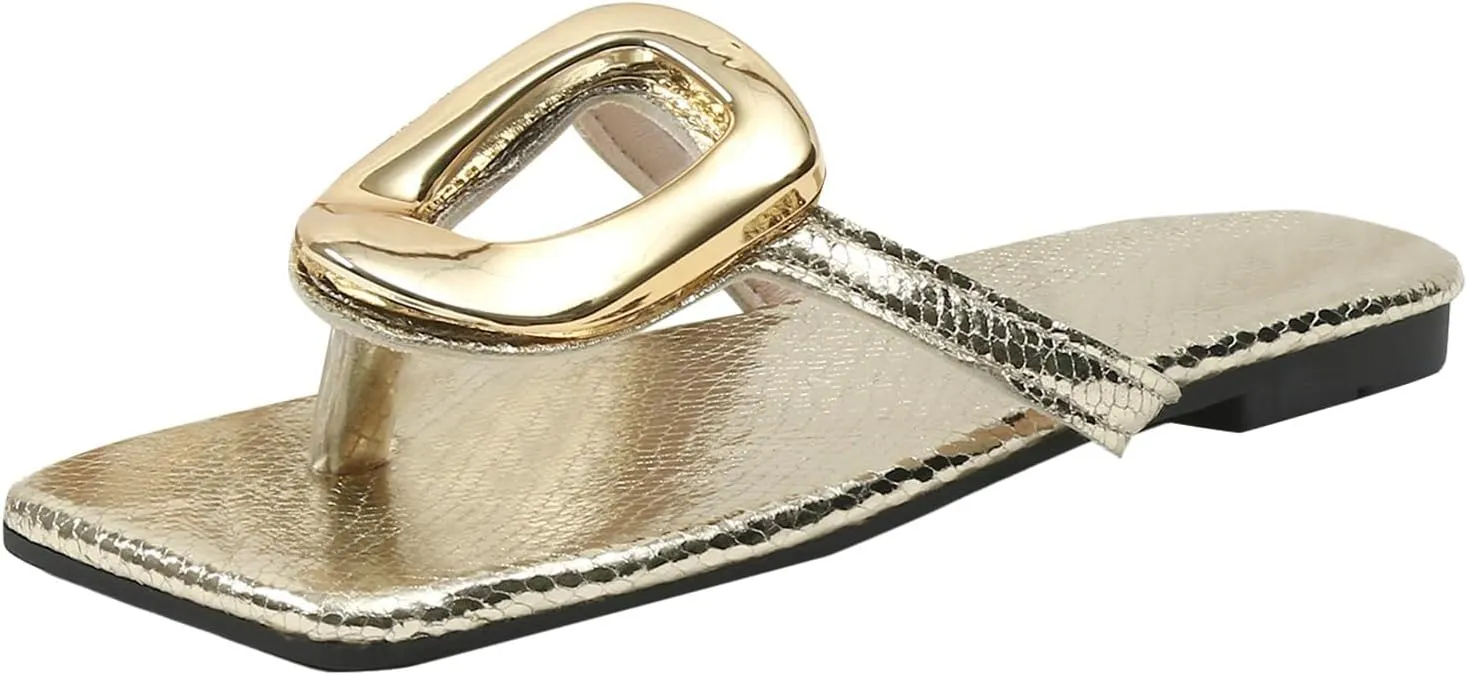ZSpzx Flat Sandals for Women 2025,Summer Square Open Toe Dressy Sandals Ladies Slipper Slip On Slides Metal Chain Slippers Comfortable Leather Thong Flip Flops Beach Casual Slingback Slide Shoes