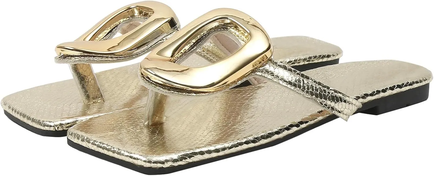 ZSpzx Flat Sandals for Women 2025,Summer Square Open Toe Dressy Sandals Ladies Slipper Slip On Slides Metal Chain Slippers Comfortable Leather Thong Flip Flops Beach Casual Slingback Slide Shoes