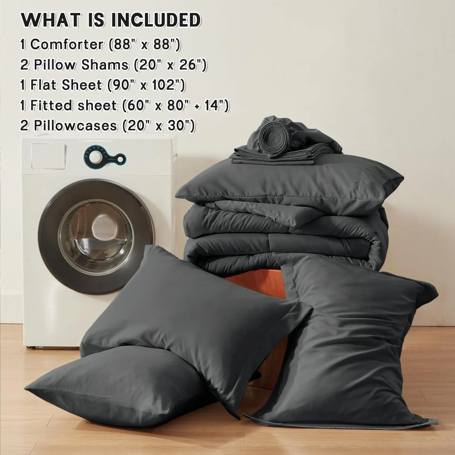 Zzlpp Queen Comforter Set 7 Piece, Dark Grey Bed in a Bag with Comforters, Pillow Shams, Pillowcases, Flat Sheet, Fitted Sheet 2 Side Pockets