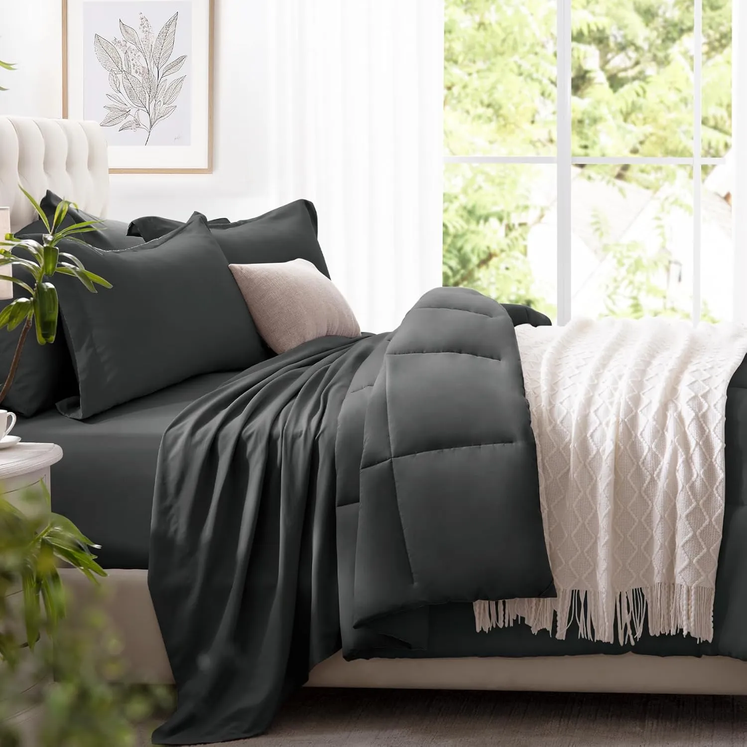Zzlpp Queen Comforter Set 7 Piece, Dark Grey Bed in a Bag with Comforters, Pillow Shams, Pillowcases, Flat Sheet, Fitted Sheet 2 Side Pockets