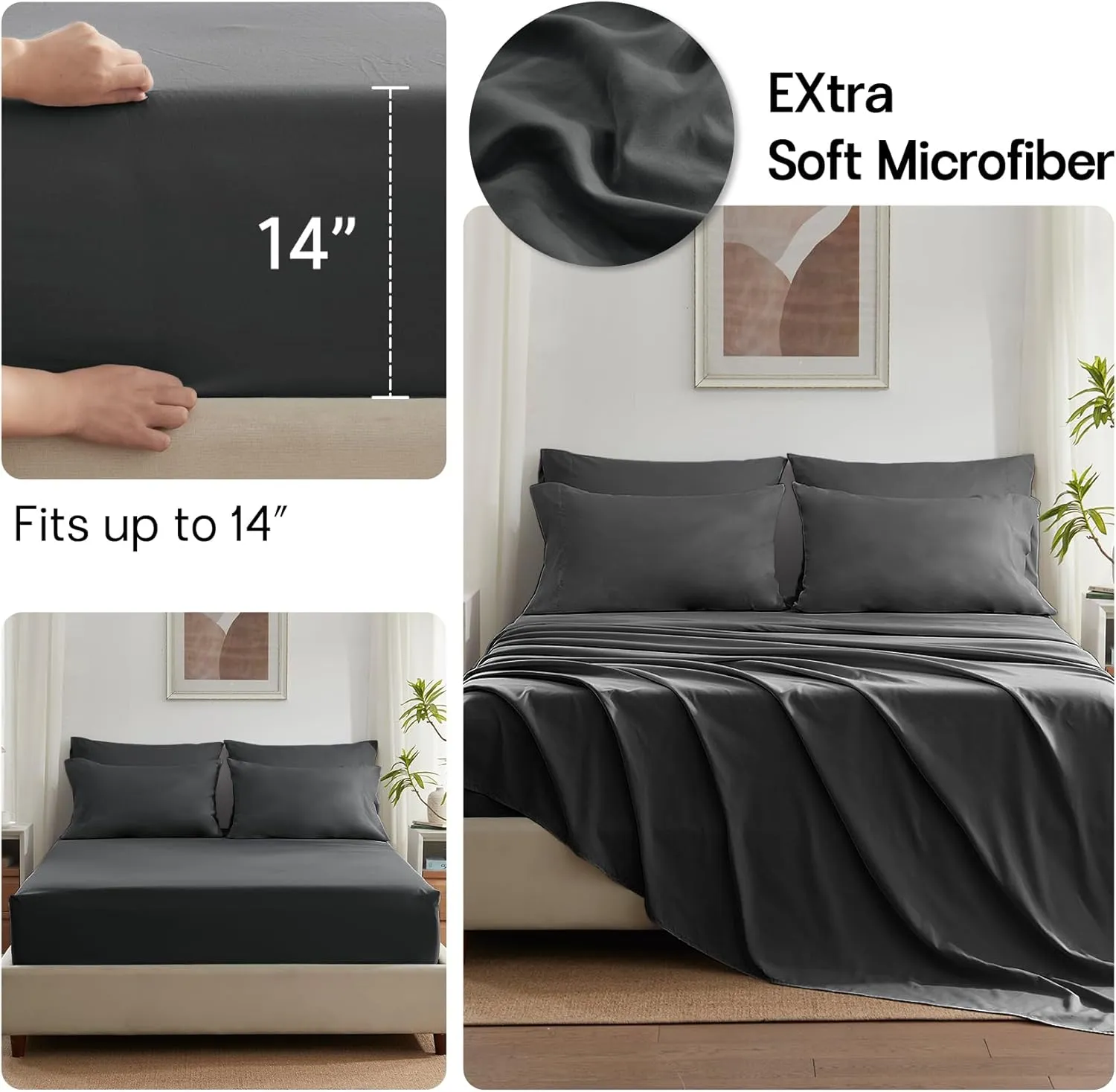 Zzlpp Queen Comforter Set 7 Piece, Dark Grey Bed in a Bag with Comforters, Pillow Shams, Pillowcases, Flat Sheet, Fitted Sheet 2 Side Pockets