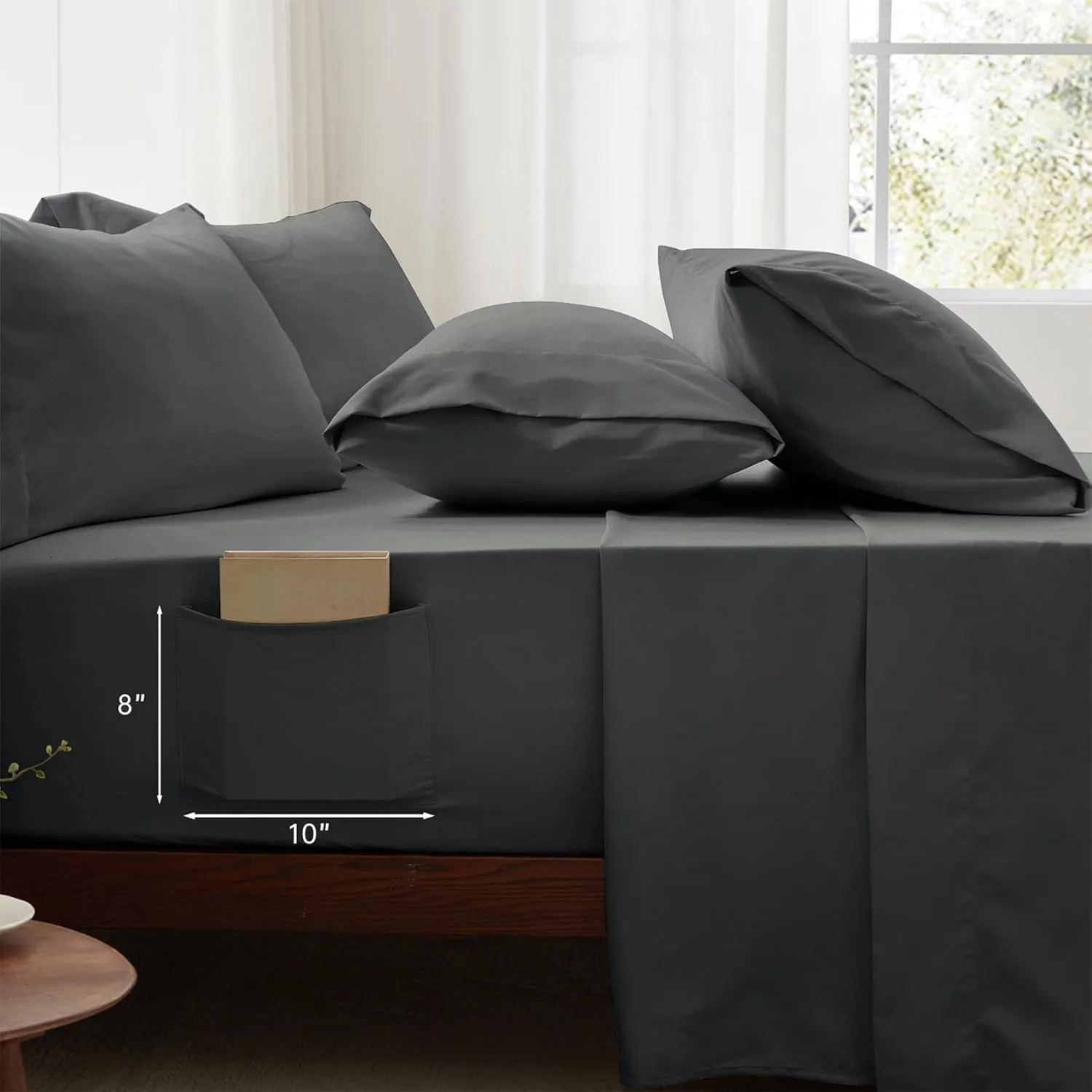 Zzlpp Queen Comforter Set 7 Piece, Dark Grey Bed in a Bag with Comforters, Pillow Shams, Pillowcases, Flat Sheet, Fitted Sheet 2 Side Pockets