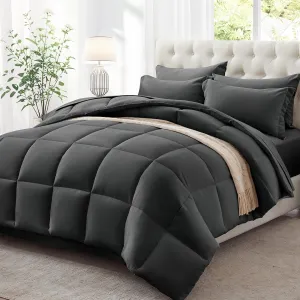Zzlpp Queen Comforter Set 7 Piece, Dark Grey Bed in a Bag with Comforters, Pillow Shams, Pillowcases, Flat Sheet, Fitted Sheet 2 Side Pockets