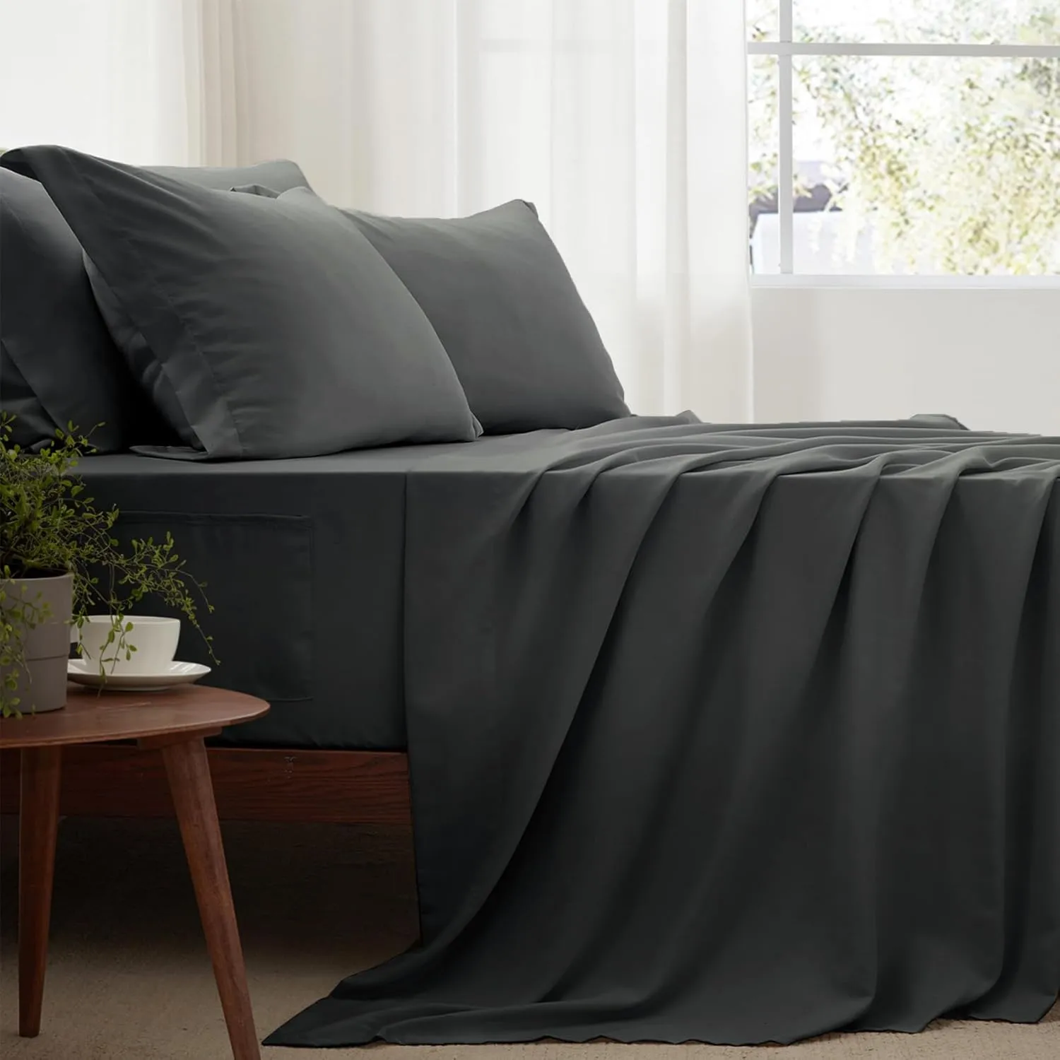 Zzlpp Queen Comforter Set 7 Piece, Dark Grey Bed in a Bag with Comforters, Pillow Shams, Pillowcases, Flat Sheet, Fitted Sheet 2 Side Pockets