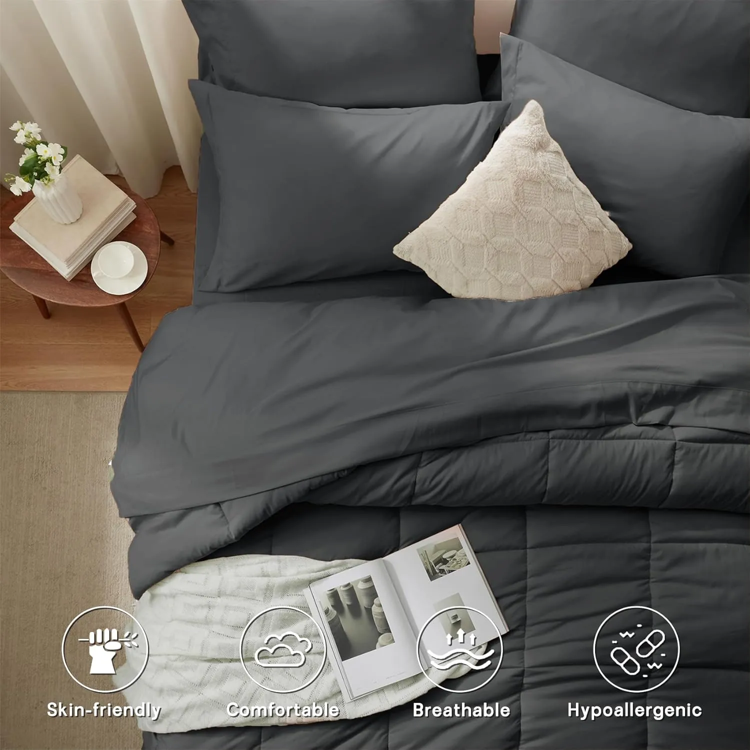 Zzlpp Queen Comforter Set 7 Piece, Dark Grey Bed in a Bag with Comforters, Pillow Shams, Pillowcases, Flat Sheet, Fitted Sheet 2 Side Pockets